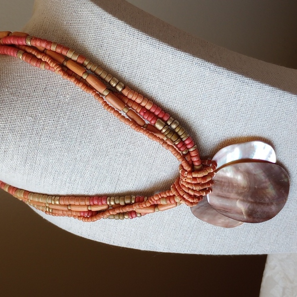 Boho Multi-Strand Statement Necklace Pink orange gold pink shell mother of pearl